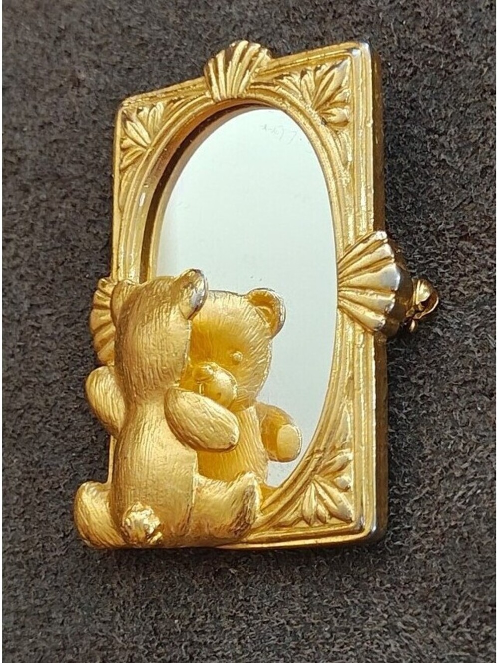 1980s Signed JJ Teddy Bear Looking In Mirror Gold-Tone Brooch Pin